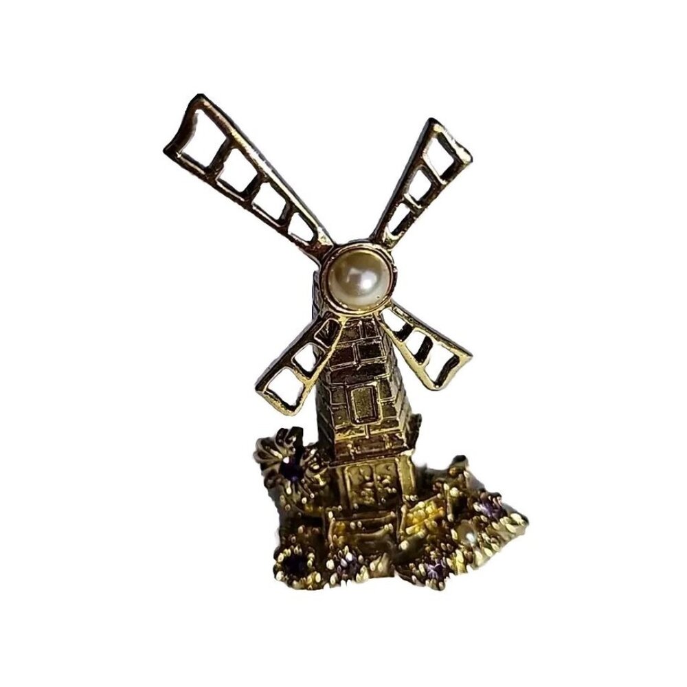 Windmill Bejeweled Faux Pearl & Lavender Rhinestones GoldTone Metal Pin Brooch - Picture 10 of 10